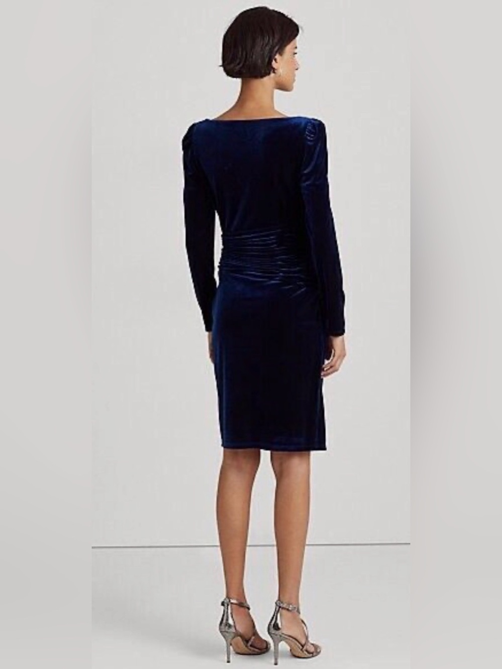 NWT LRL Navy Velvet Long-Sleeve Ruched Evening Sheath Dress (10) - Picture 4 of 16